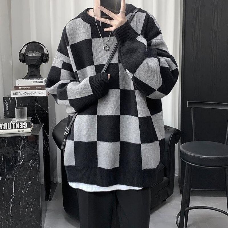 Korean Version Dark Black Chessboard Sweater Men&s Ins Autumn Winter Thickened Crew Neck Knitwear Trend Loose Slouch